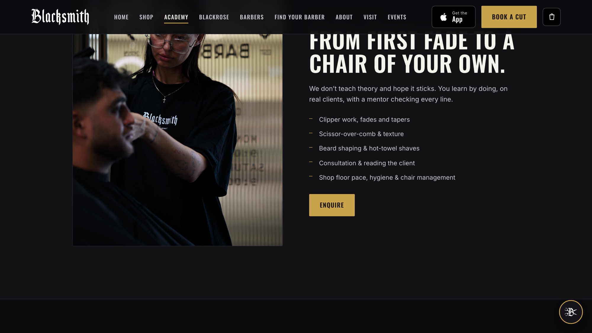The academy page, listing what the course actually covers