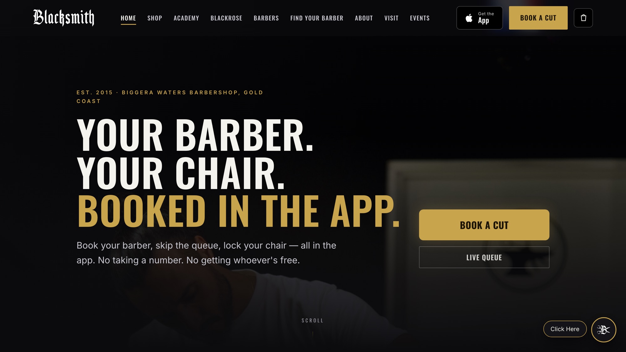 The Blacksmith Barbers home page: Your barber. Your chair. Booked in the app.