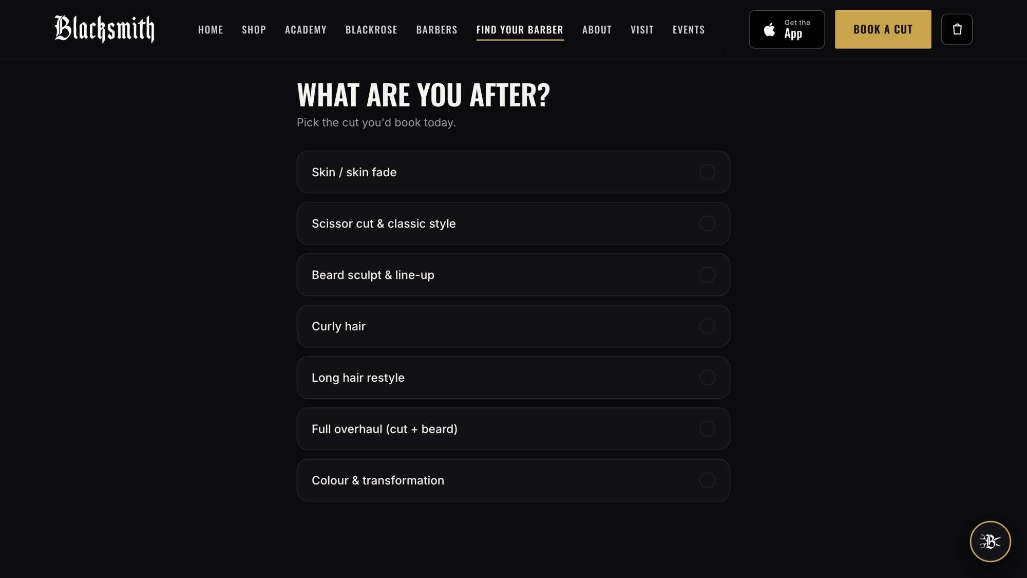 Question one of four on the barber-match quiz: pick the cut you would book today