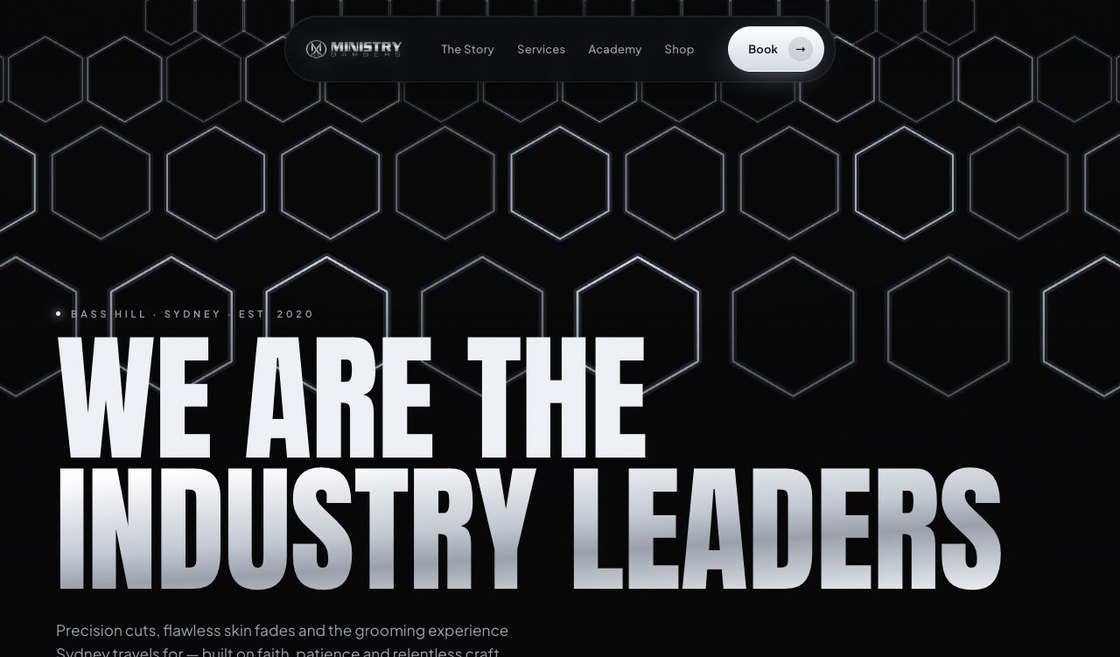 The Ministry Barbers homepage — Bass Hill, Sydney, est 2020, above the headline