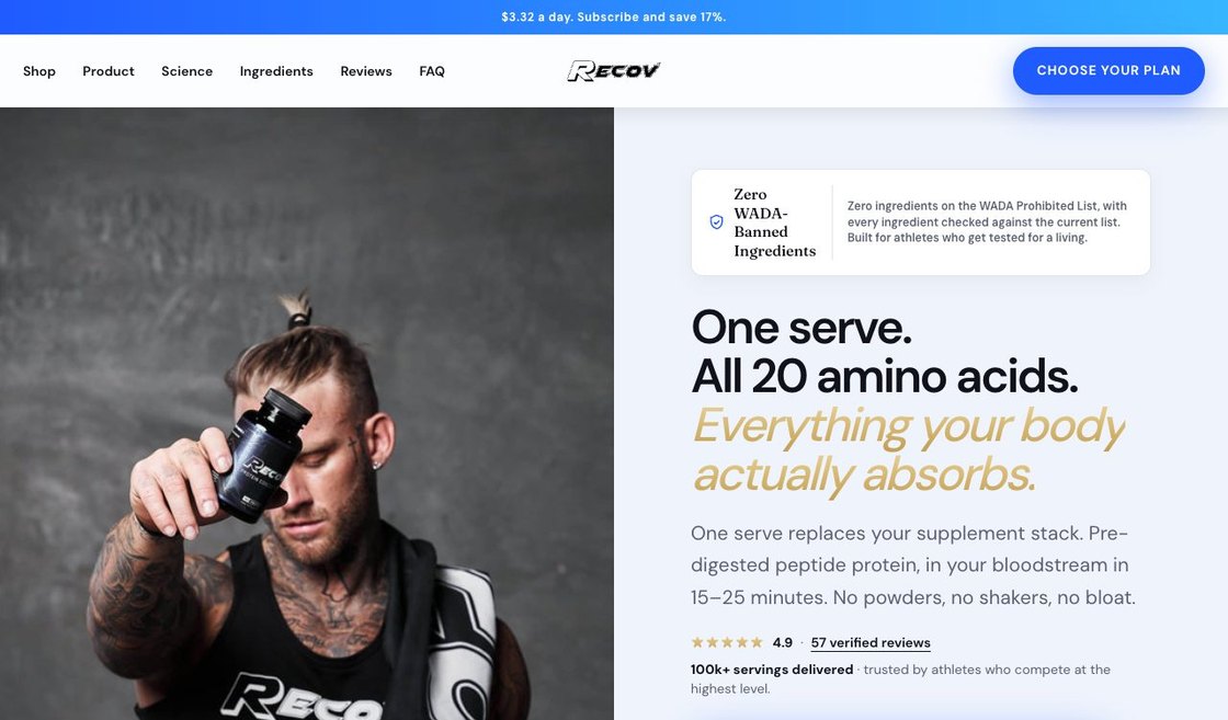 The Recov product page — the sell, the proof and the plan picker in one view