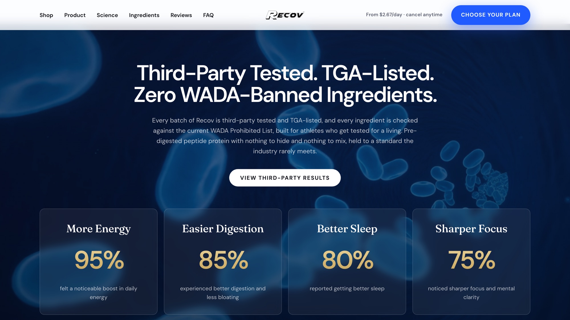 Third-party tested, TGA-listed, zero WADA-banned ingredients, with the survey figures under it