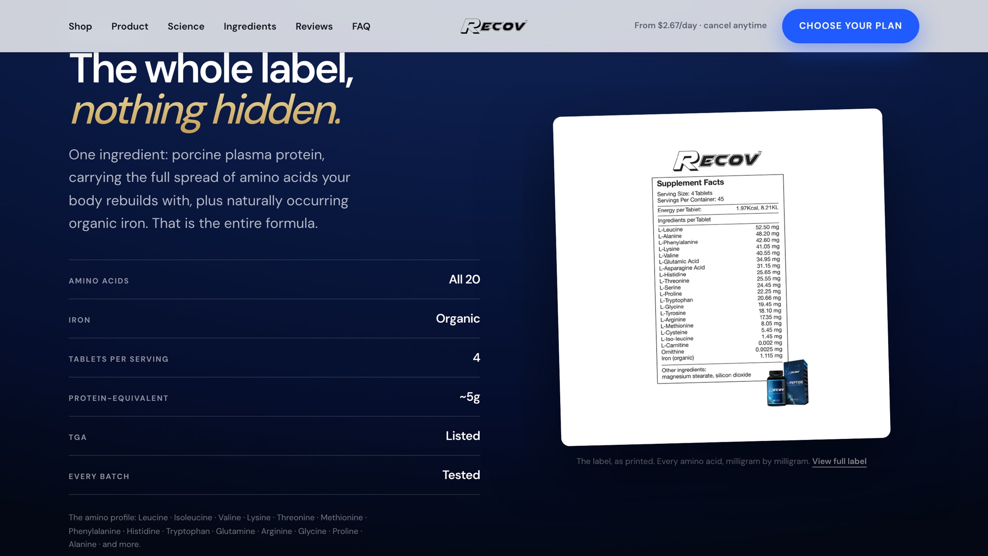 The label panel: one ingredient, the printed supplement facts, and every number on the page beside it