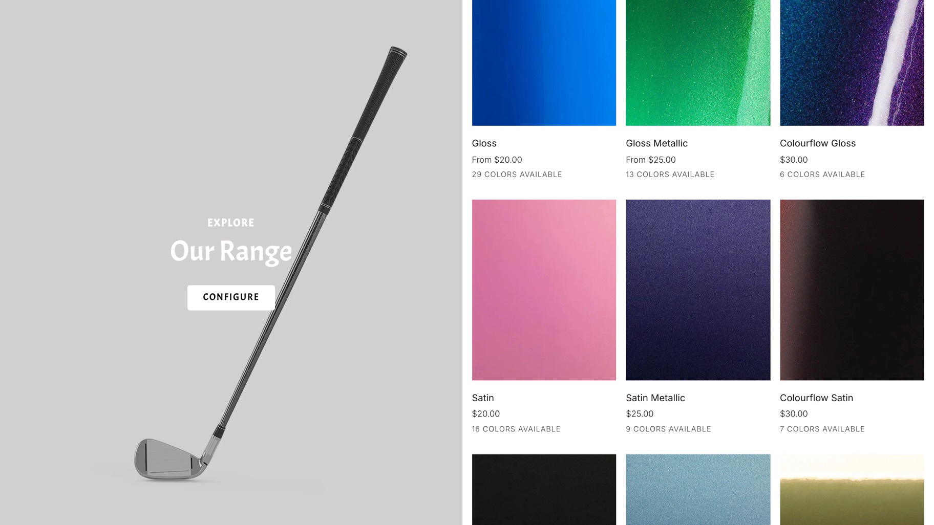 The range page, with each finish and the number of colours in it