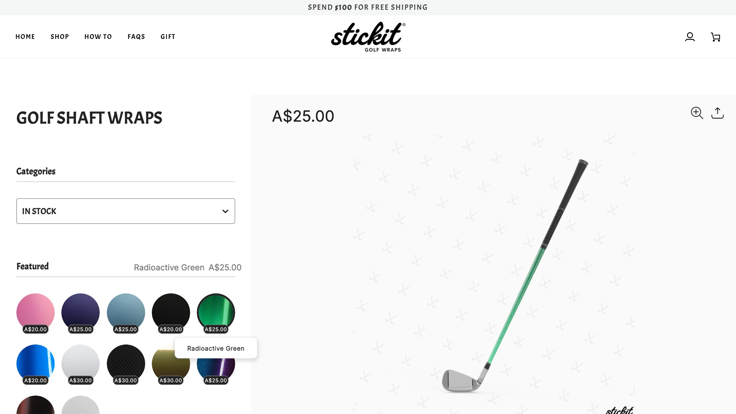 The same page one click later: a Radioactive Green shaft, and the price has moved to A$25