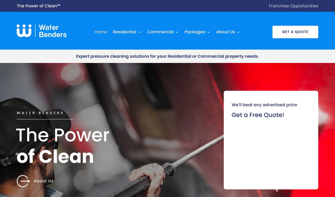 The Water Benders homepage — residential and commercial pressure cleaning, with the quote form beside the headline